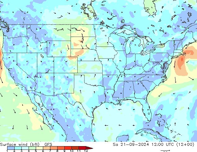 Viento 10 m (bft) GFS sáb 21.09.2024 12 UTC