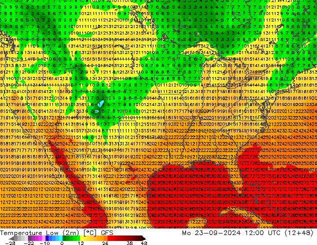 Temperature Low (2m) GFS Mo 23.09.2024 12 UTC