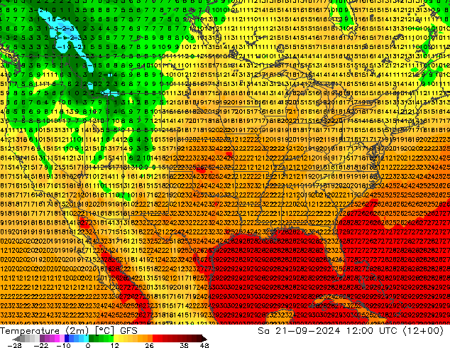 Temperature (2m) GFS Sa 21.09.2024 12 UTC