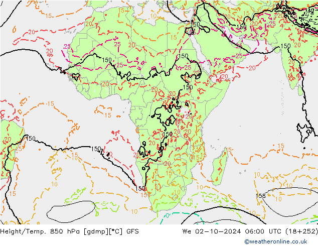 Z500/Rain (+SLP)/Z850 GFS mer 02.10.2024 06 UTC