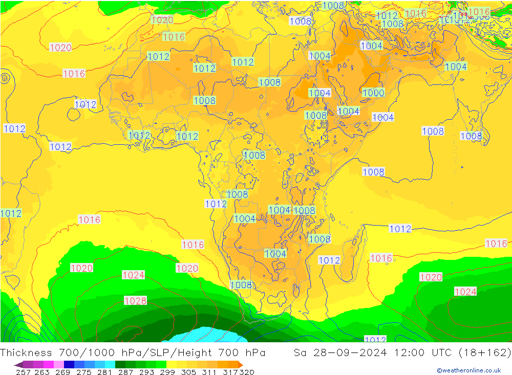 Thck 700-1000 гПа GFS сб 28.09.2024 12 UTC