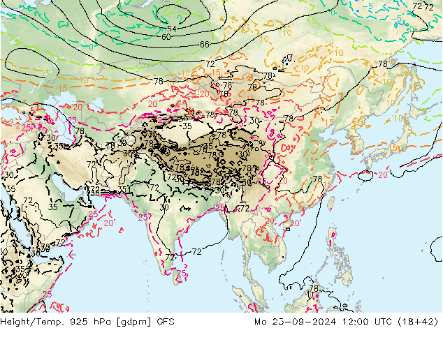 Height/Temp. 925 гПа GFS пн 23.09.2024 12 UTC