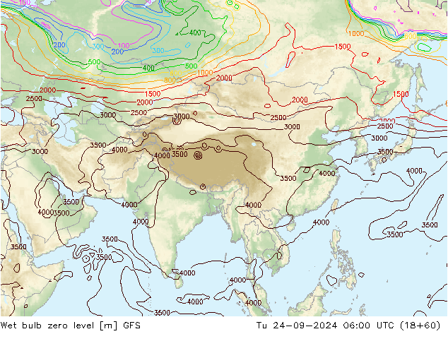 Wet bulb zero level GFS вт 24.09.2024 06 UTC