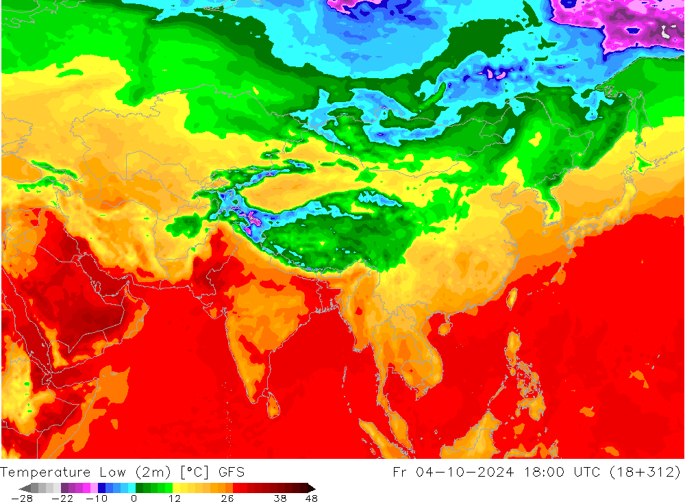 temperatura mín. (2m) GFS Sex 04.10.2024 18 UTC