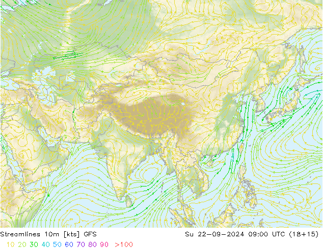 Streamlines 10m GFS Ne 22.09.2024 09 UTC