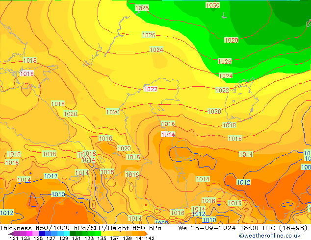 Thck 850-1000 hPa GFS mer 25.09.2024 18 UTC