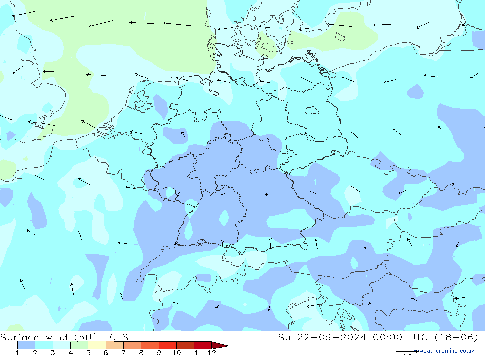 Surface wind (bft) GFS Ne 22.09.2024 00 UTC