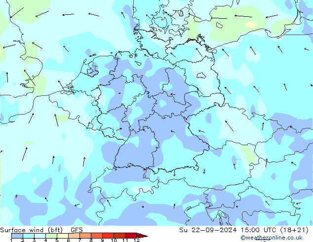 �N 10 米 (bft) GFS 星期日 22.09.2024 15 UTC