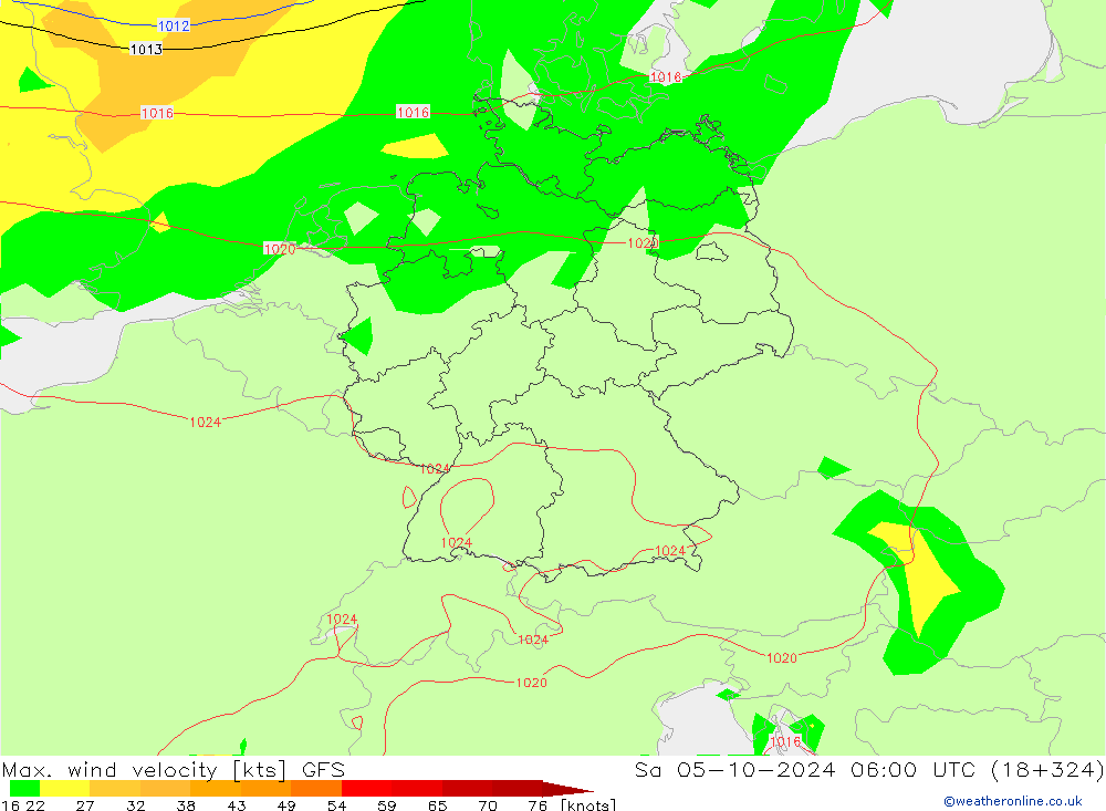 Max. wind snelheid GFS za 05.10.2024 06 UTC