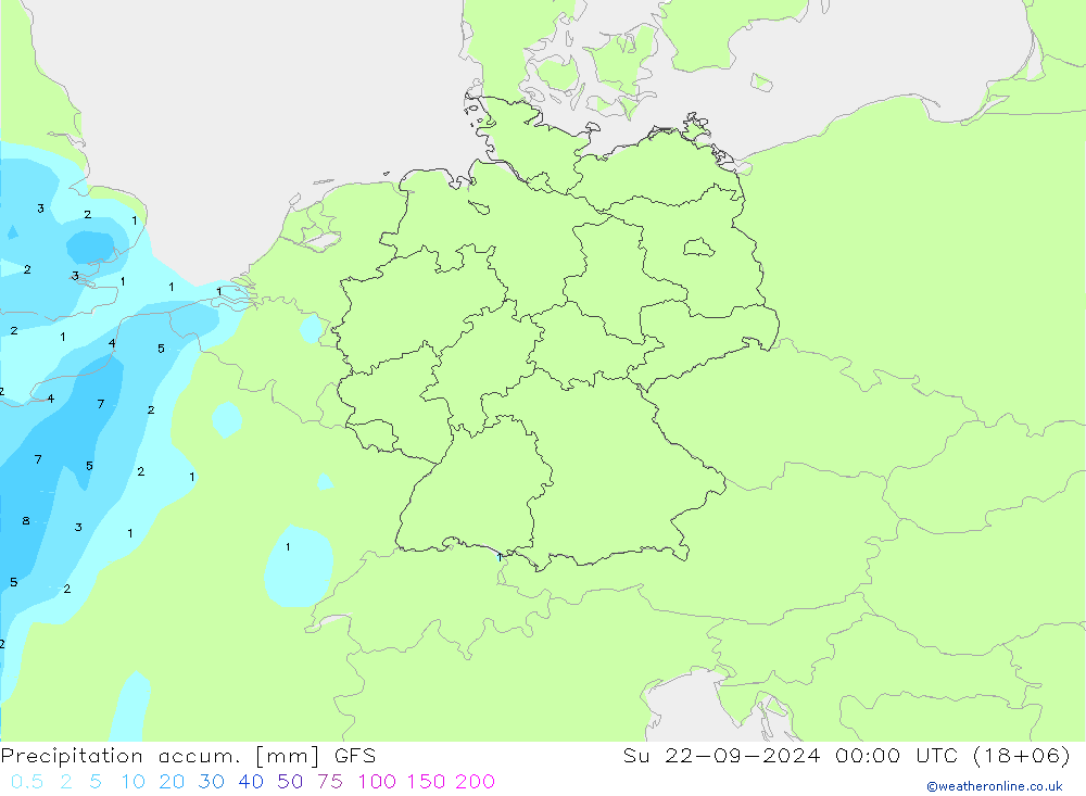 Precipitation accum. GFS 星期日 22.09.2024 00 UTC