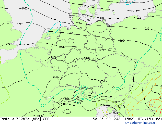 Theta-e 700hPa GFS Sa 28.09.2024 18 UTC