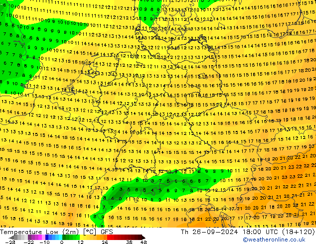 Nejnižší teplota (2m) GFS Čt 26.09.2024 18 UTC