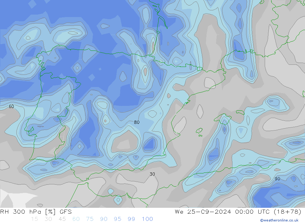 RH 300 гПа GFS ср 25.09.2024 00 UTC