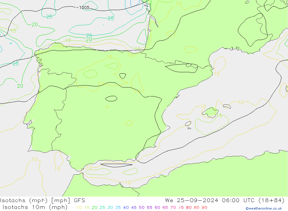 Isotachen (mph) GFS wo 25.09.2024 06 UTC