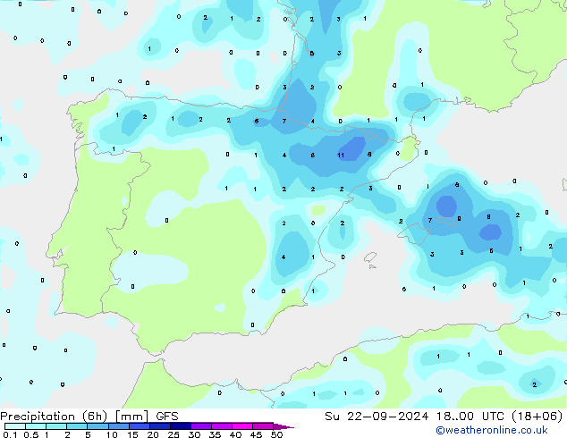 Precipitation (6h) GFS Su 22.09.2024 00 UTC