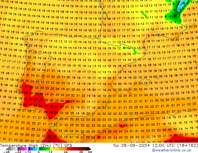 Nejvyšší teplota (2m) GFS So 28.09.2024 12 UTC