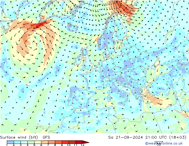 Viento 10 m (bft) GFS sáb 21.09.2024 21 UTC