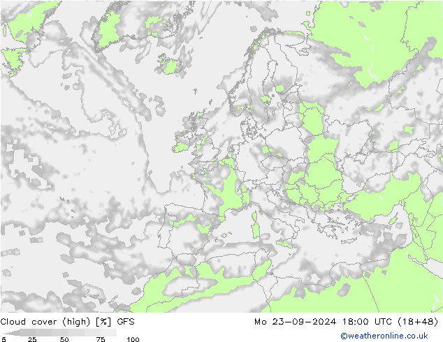 Cloud cover (high) GFS Mo 23.09.2024 18 UTC