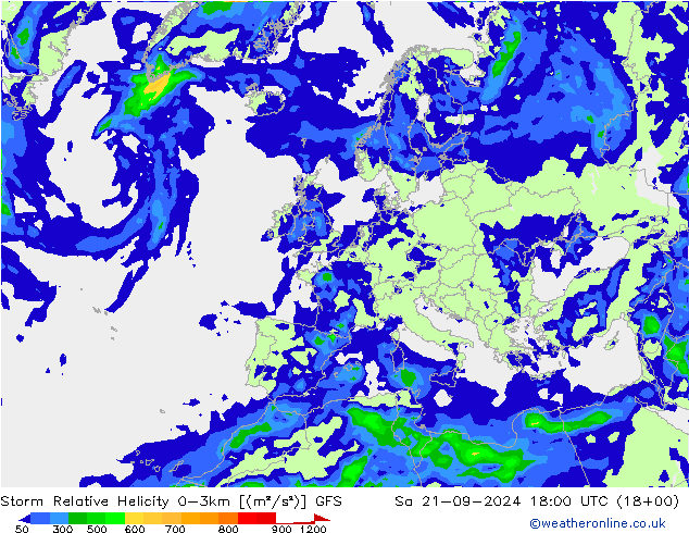 Storm Relative Helicity GFS 星期六 21.09.2024 18 UTC