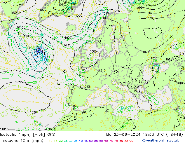 Isotachs (mph) GFS lun 23.09.2024 18 UTC