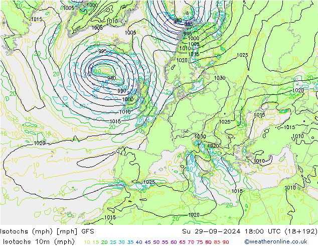 Isotachen (mph) GFS So 29.09.2024 18 UTC