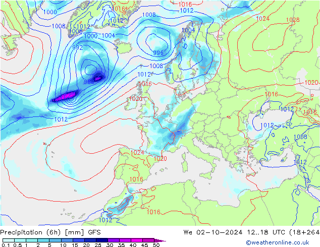 Z500/Rain (+SLP)/Z850 GFS mer 02.10.2024 18 UTC