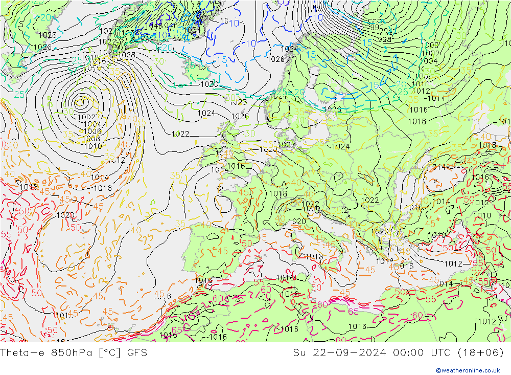 Theta-e 850hPa GFS 星期日 22.09.2024 00 UTC