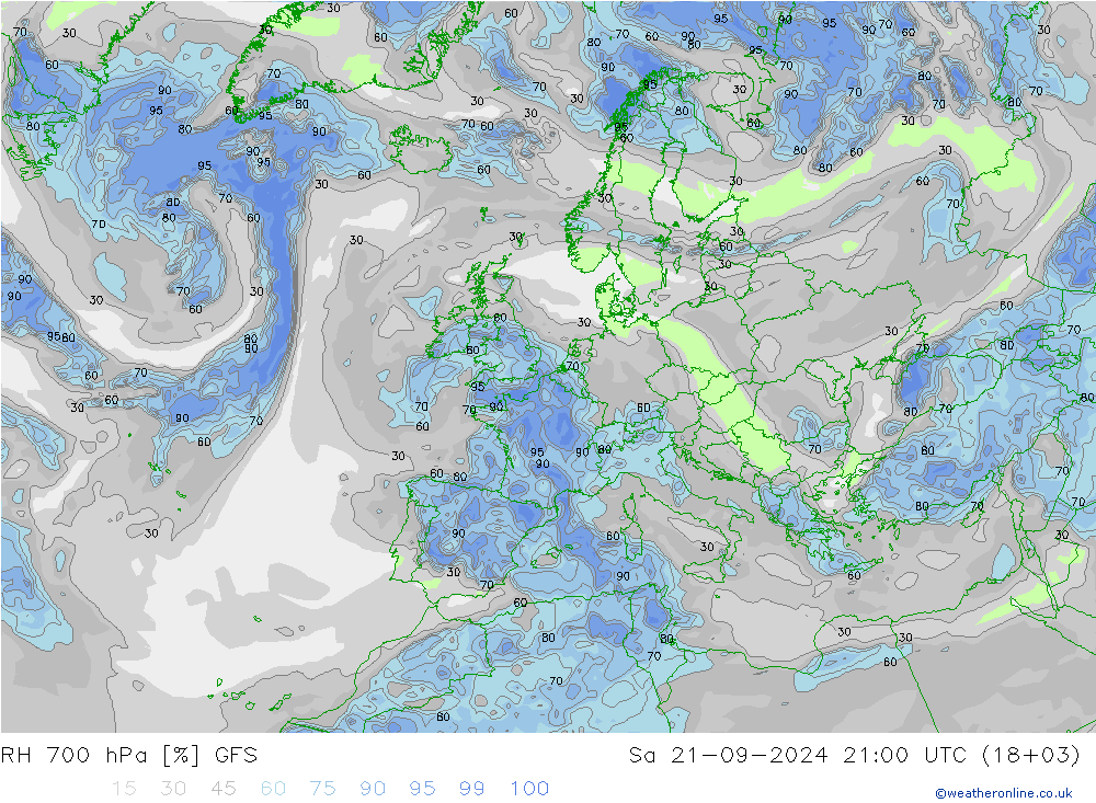 RH 700 hPa GFS Sa 21.09.2024 21 UTC