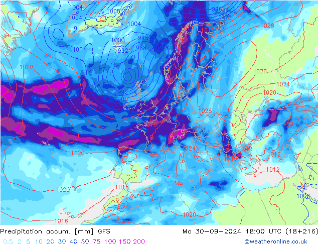 Precipitation accum. GFS Mo 30.09.2024 18 UTC