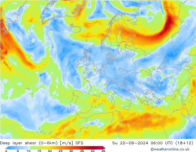 Deep layer shear (0-6km) GFS 星期日 22.09.2024 06 UTC