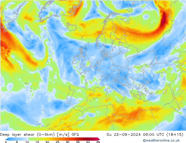 Deep layer shear (0-6km) GFS So 22.09.2024 09 UTC