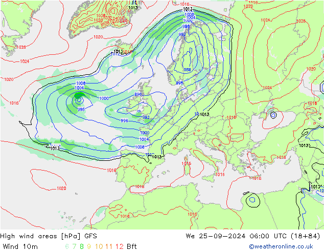 yüksek rüzgarlı alanlar GFS Çar 25.09.2024 06 UTC