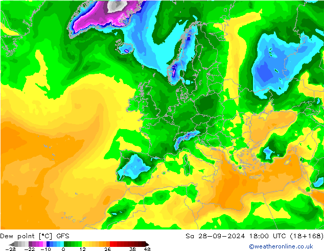 Dew point GFS Sa 28.09.2024 18 UTC