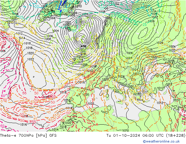 Theta-e 700hPa GFS Ter 01.10.2024 06 UTC