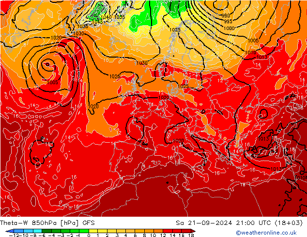 Theta-W 850hPa GFS sáb 21.09.2024 21 UTC