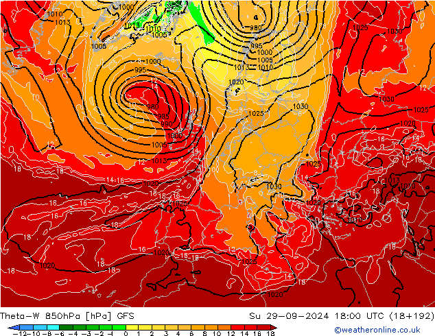 Theta-W 850hPa GFS Ne 29.09.2024 18 UTC