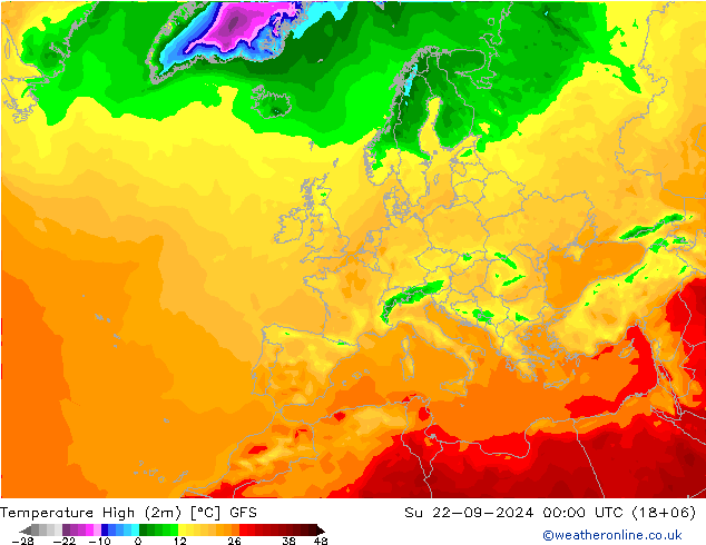 Temperature High (2m) GFS 星期日 22.09.2024 00 UTC