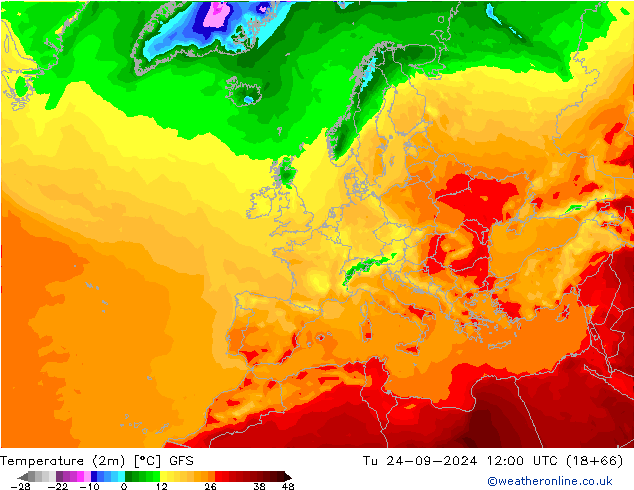 Temperatura (2m) GFS mar 24.09.2024 12 UTC