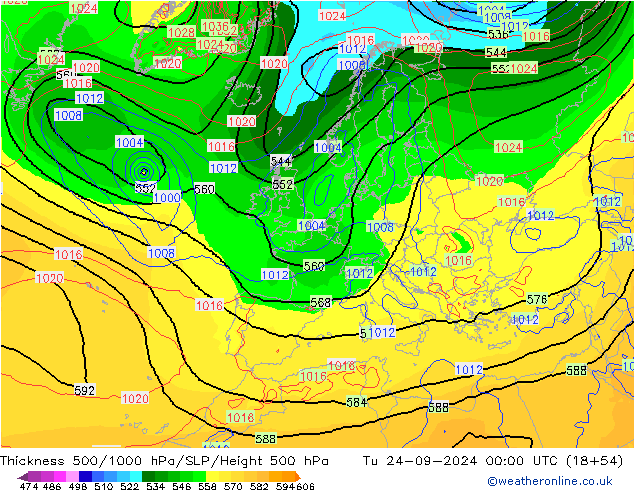 Schichtdicke 500-1000 hPa GFS Di 24.09.2024 00 UTC