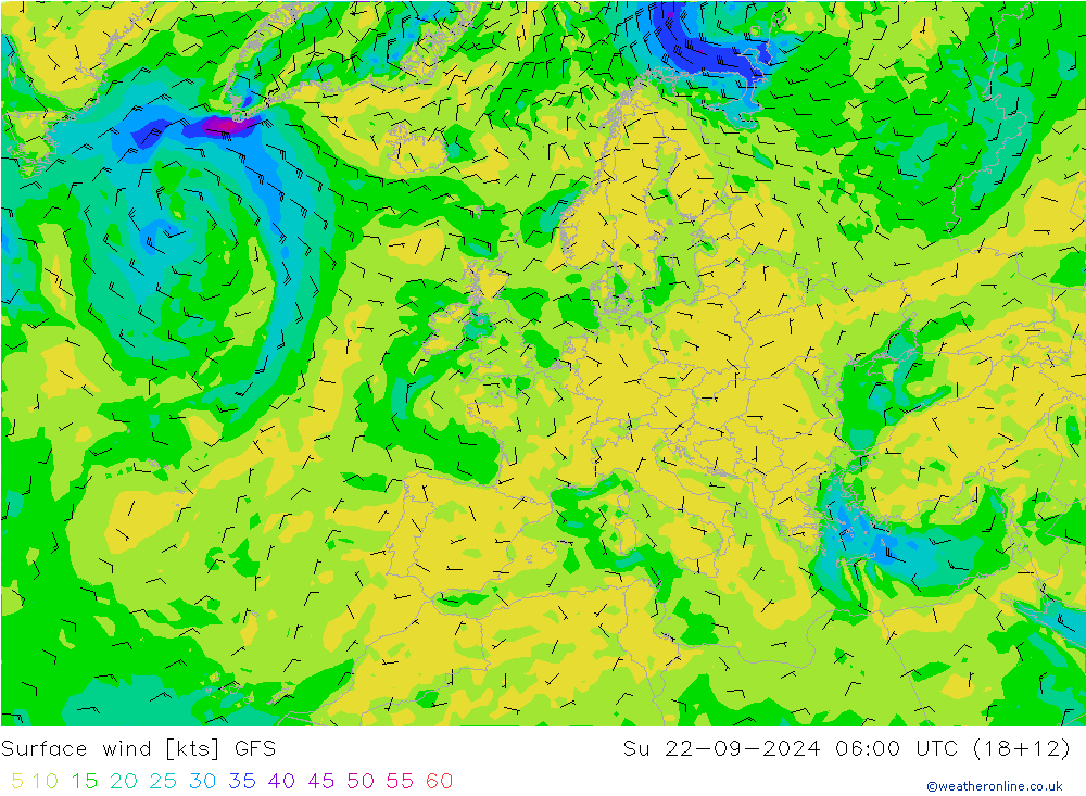 Viento 10 m GFS dom 22.09.2024 06 UTC