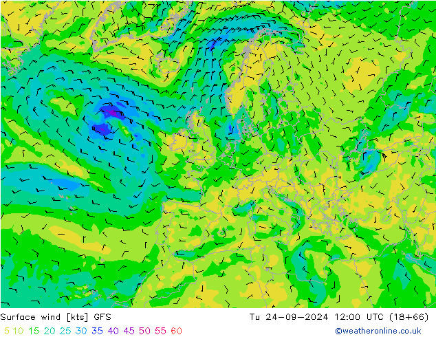 Surface wind GFS Tu 24.09.2024 12 UTC