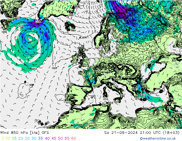 风 850 hPa GFS 星期六 21.09.2024 21 UTC