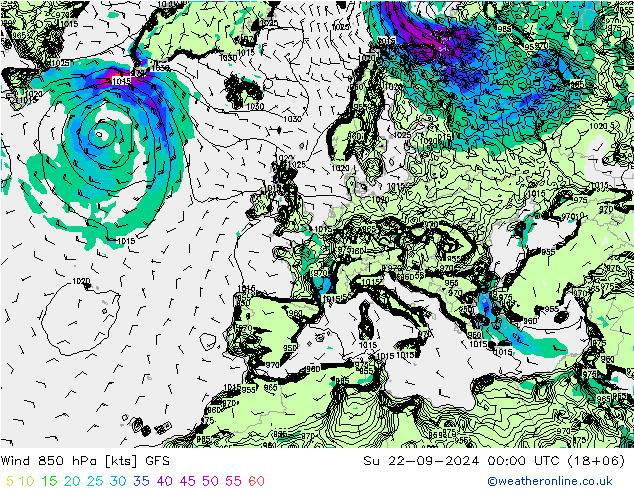 Wind 850 hPa GFS zo 22.09.2024 00 UTC