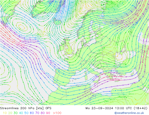 Stromlinien 200 hPa GFS Mo 23.09.2024 12 UTC