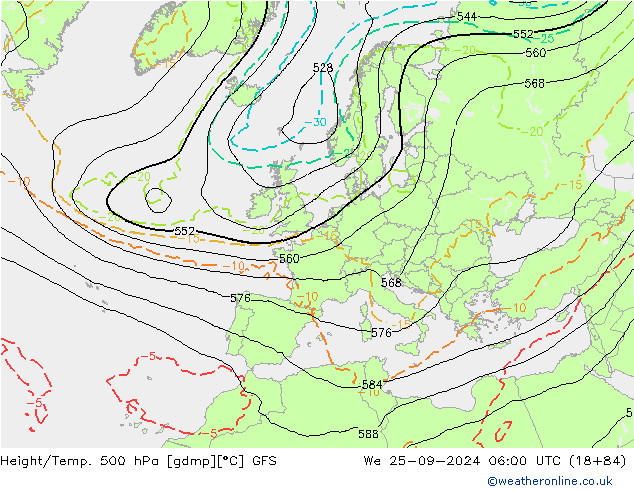 Height/Temp. 500 hPa GFS We 25.09.2024 06 UTC