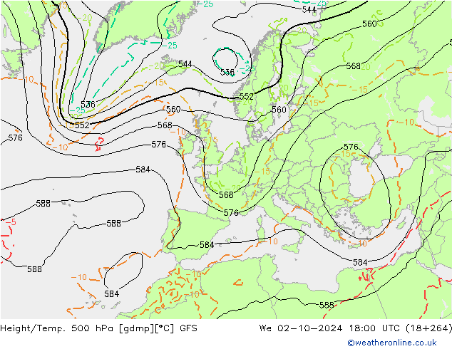 Z500/Rain (+SLP)/Z850 GFS mer 02.10.2024 18 UTC