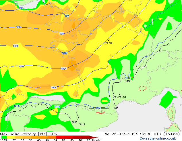 Max. wind snelheid GFS wo 25.09.2024 06 UTC