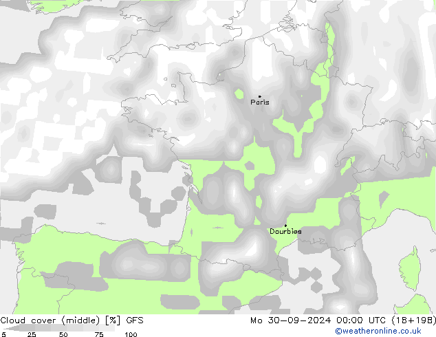 Cloud cover (middle) GFS Mo 30.09.2024 00 UTC