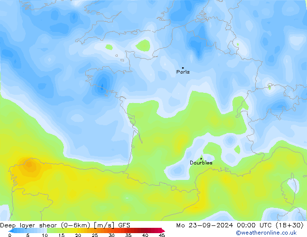 Deep layer shear (0-6km) GFS Mo 23.09.2024 00 UTC