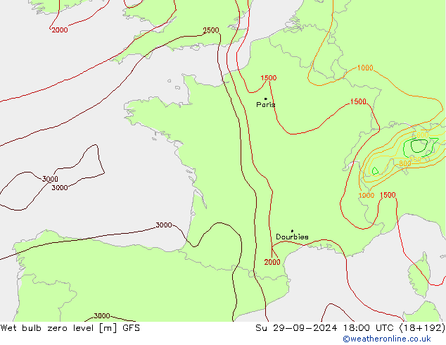 Wet bulb zero level GFS Su 29.09.2024 18 UTC